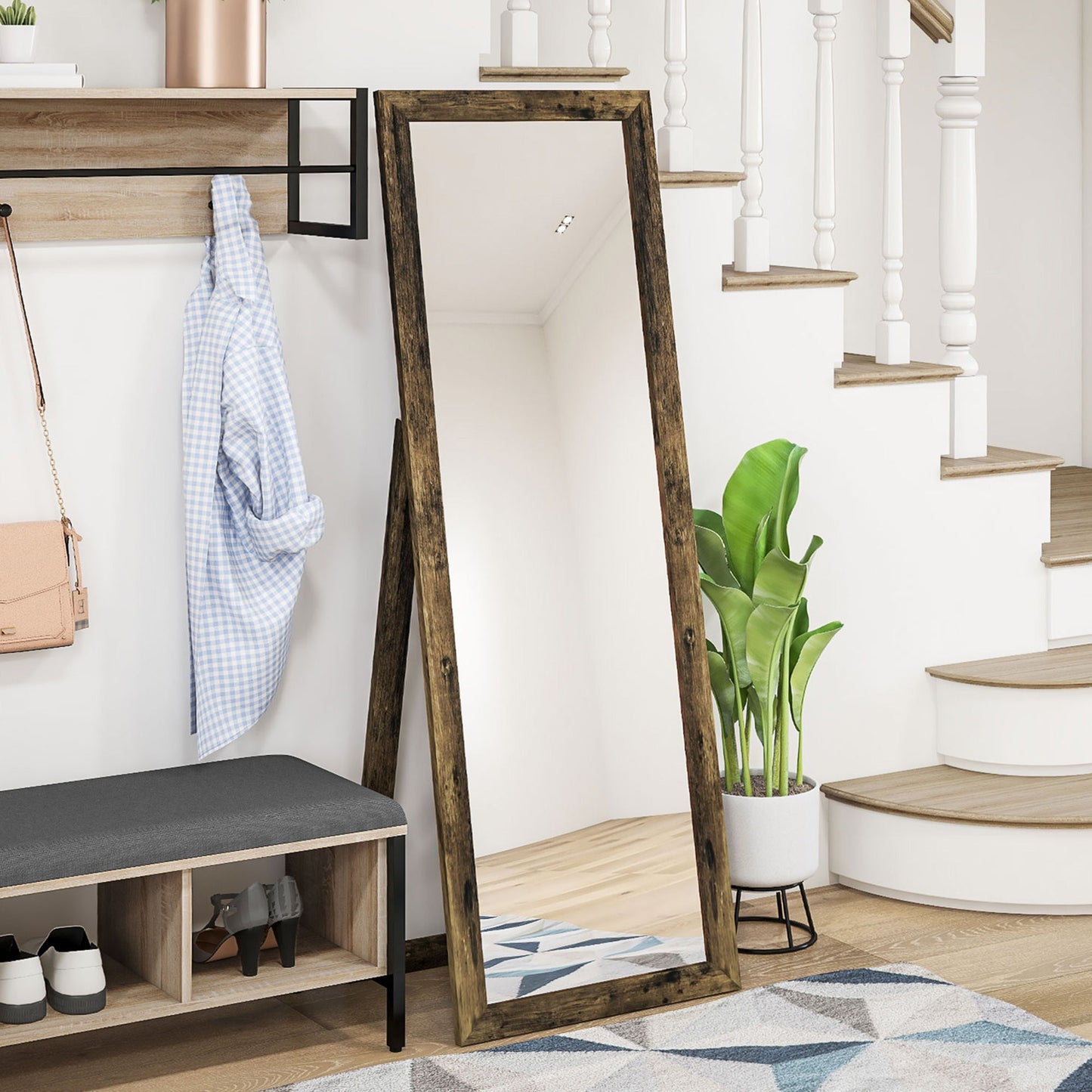 58" x 20" Floor Standing Mirror, Full Body Mirror for Bedroom, Living Room, Rustic Brown
