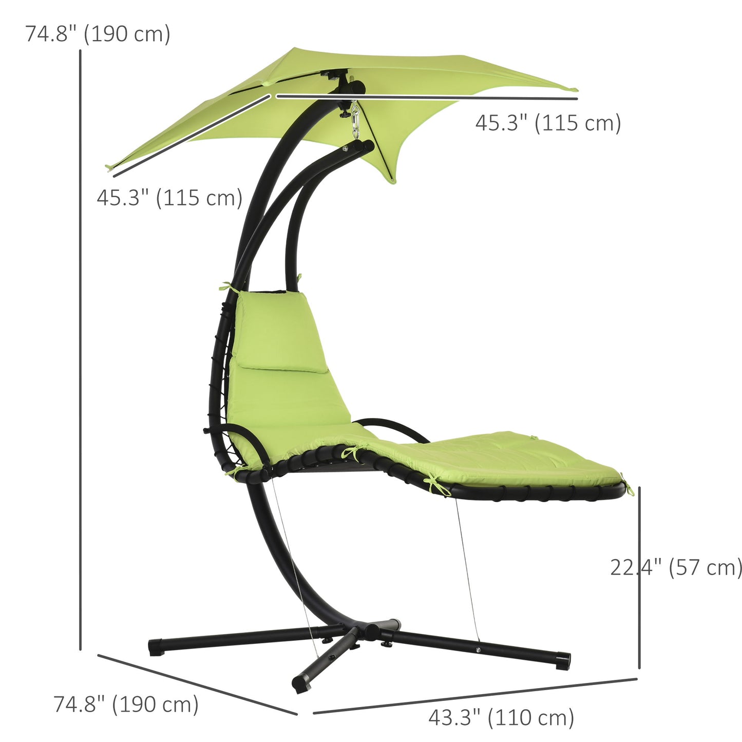 Outdoor Hammock Chair with Stand, Floating Chaise Lounge Chair with Soft Padded Cushion, Hanging Hammock Swing Reclining Seat with Canopy Umbrella, Green