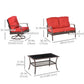 4 PCS Patio PE Rattan Wicker Chair Set Outdoor Conversation Furniture w/ Two Tier Tea Table & Cushions, Red