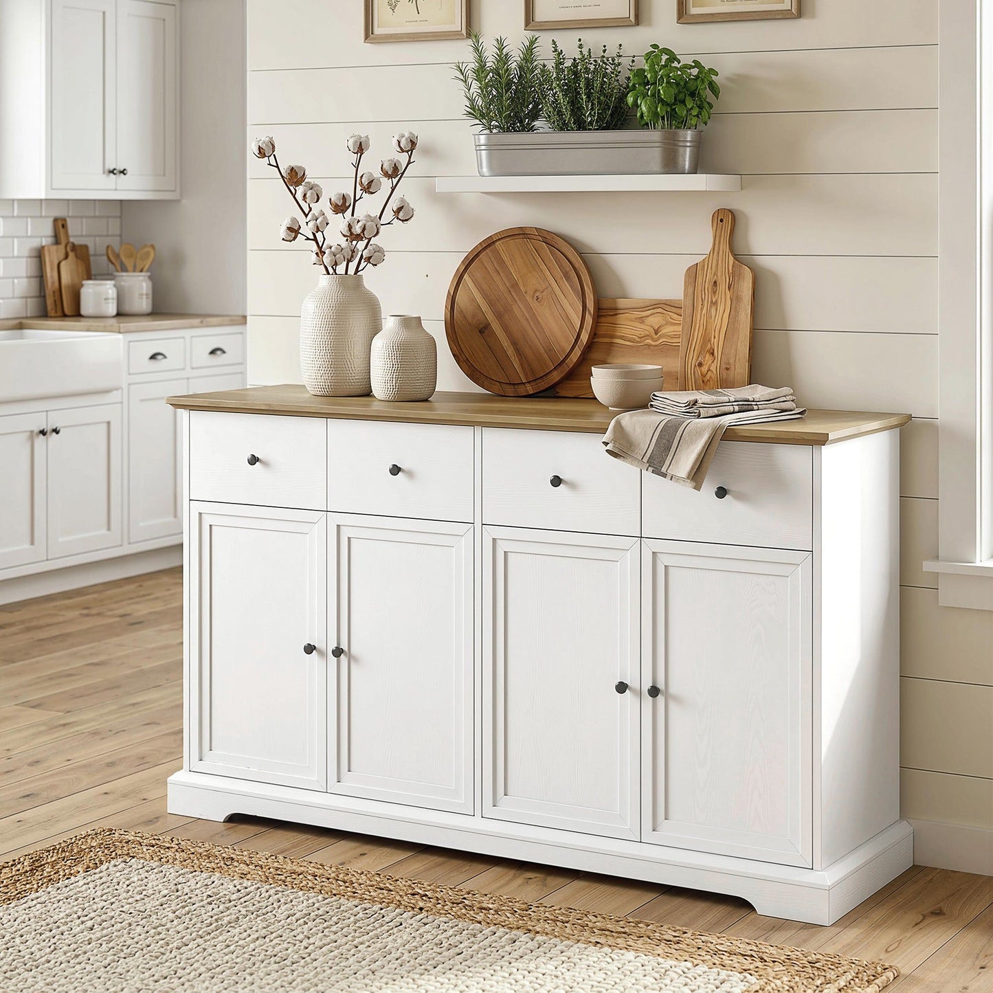 55" Farmhouse Sideboard Cabinet with Soft-Close Doors - White