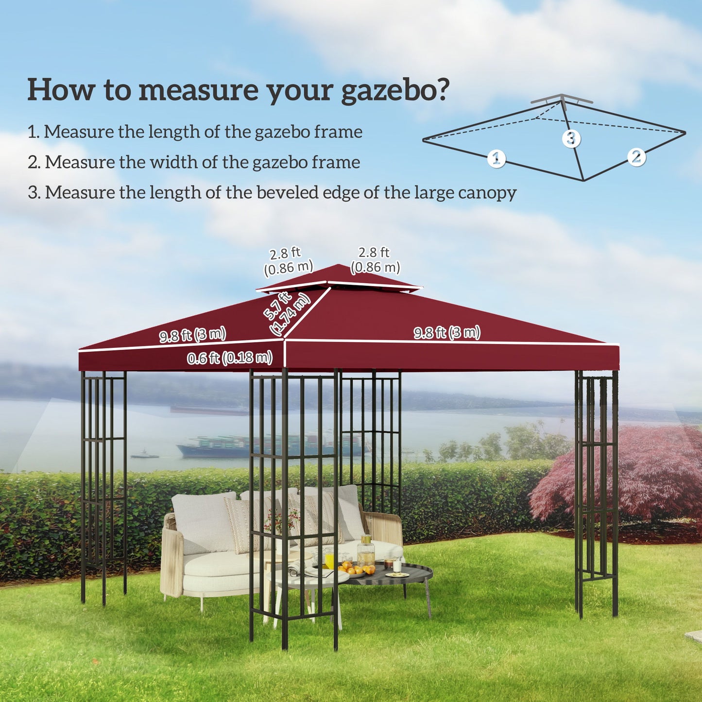 10' x 10' Square 2-Tier Gazebo Canopy Replacement Top Cover Outdoor Garden Sun Shade, Wine Red