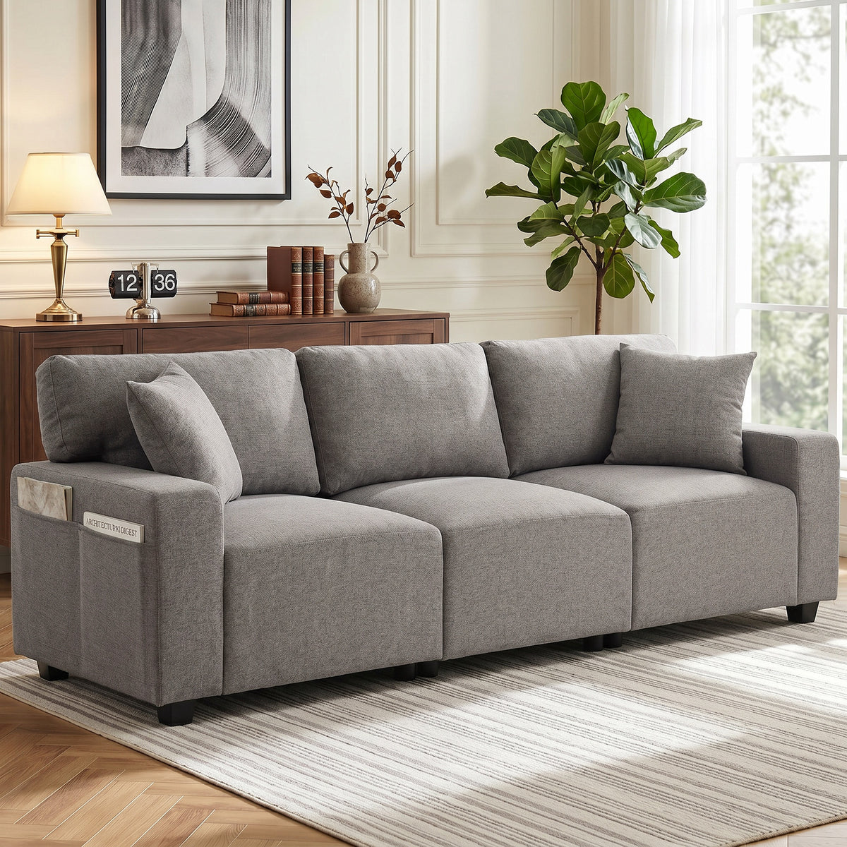3 Seater Sofa with Storage Pockets, Modern Upholstered Couch with Pocket Springs, Grey