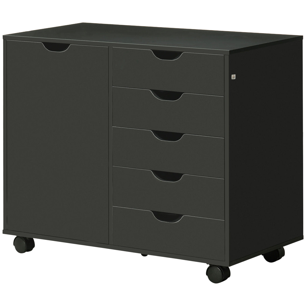 Lateral Filing Cabinet, 5-Drawers File Cabinet with Door and Adjustable Shelf, Mobile Office Storage Cabinet on Wheels, Printer Stand for Home Office, Black