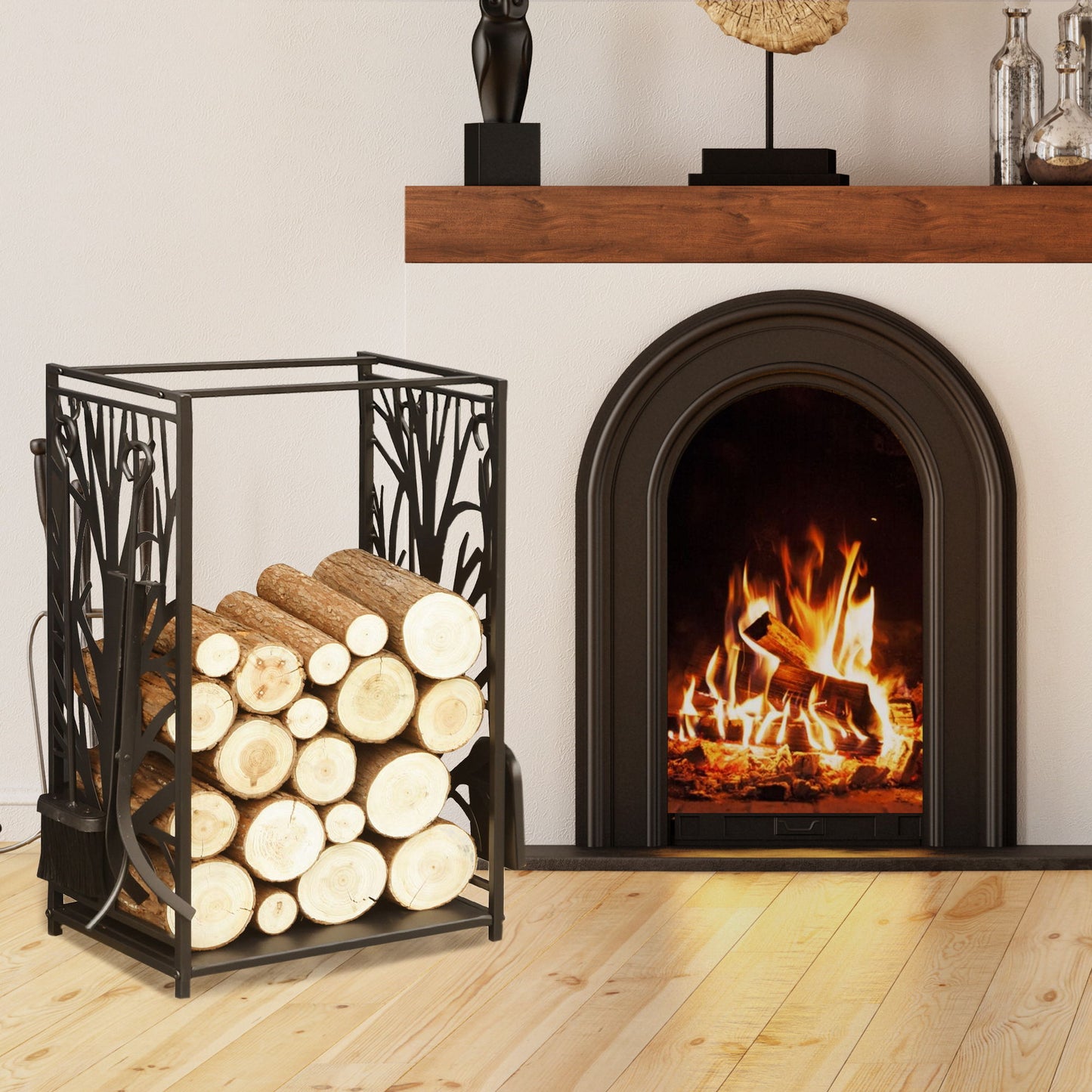 18.1" x 11.8" x 27.6" Firewood Rack with 4 Tools, Log Holder for Fireplace, Outdoor Indoor Wood Storage Stacker, Black