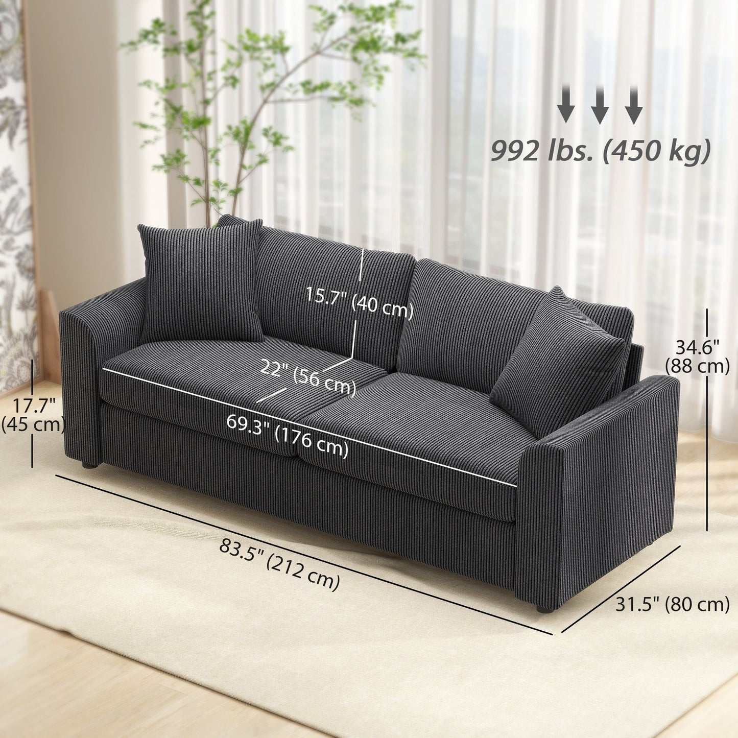 83.5" 3-Seater Sofa with Pocket Spring - Dark Grey