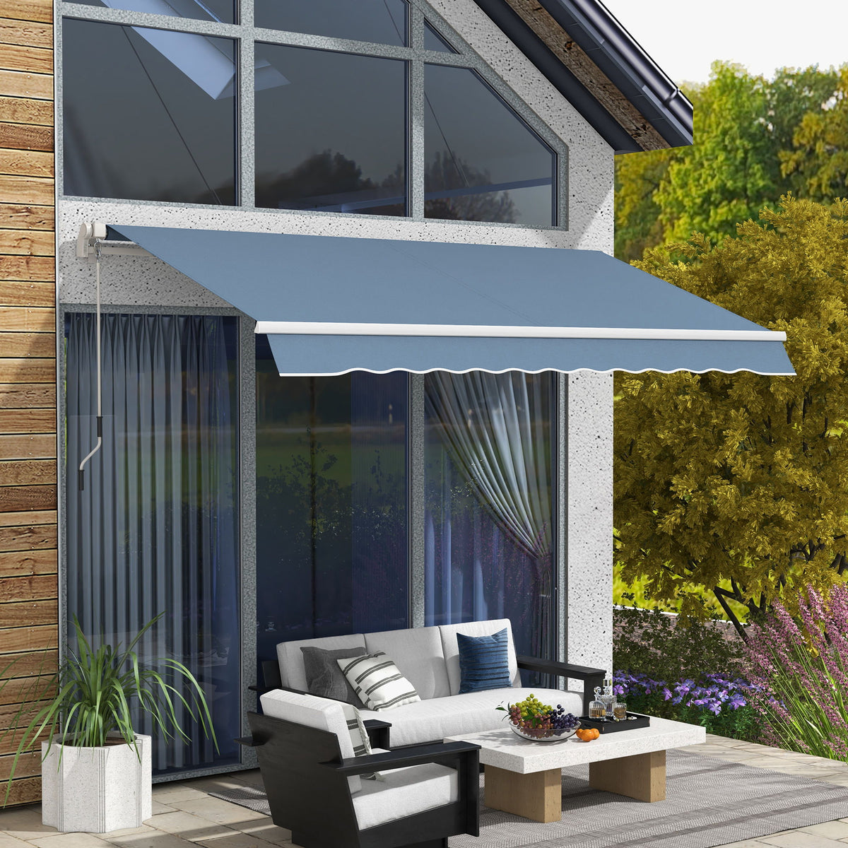 12' x 10' Manual Retractable Awning Outdoor Sunshade Shelter with Adjustable & Versatile Design, Light Grey