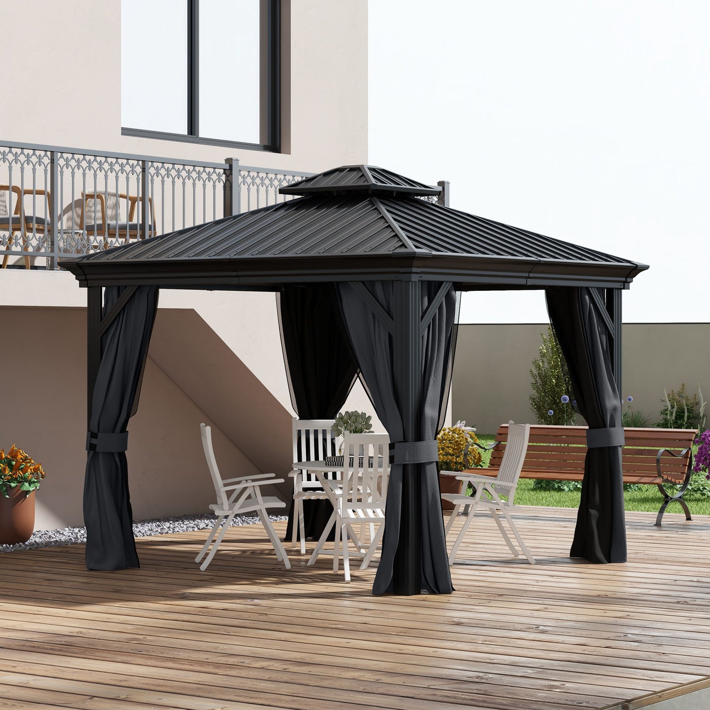 10' x 12' Outdoor Hardtop Gazebo with Galvanized Canopy & Netting Sidewalls for Lawn, Backyard, Dark Grey
