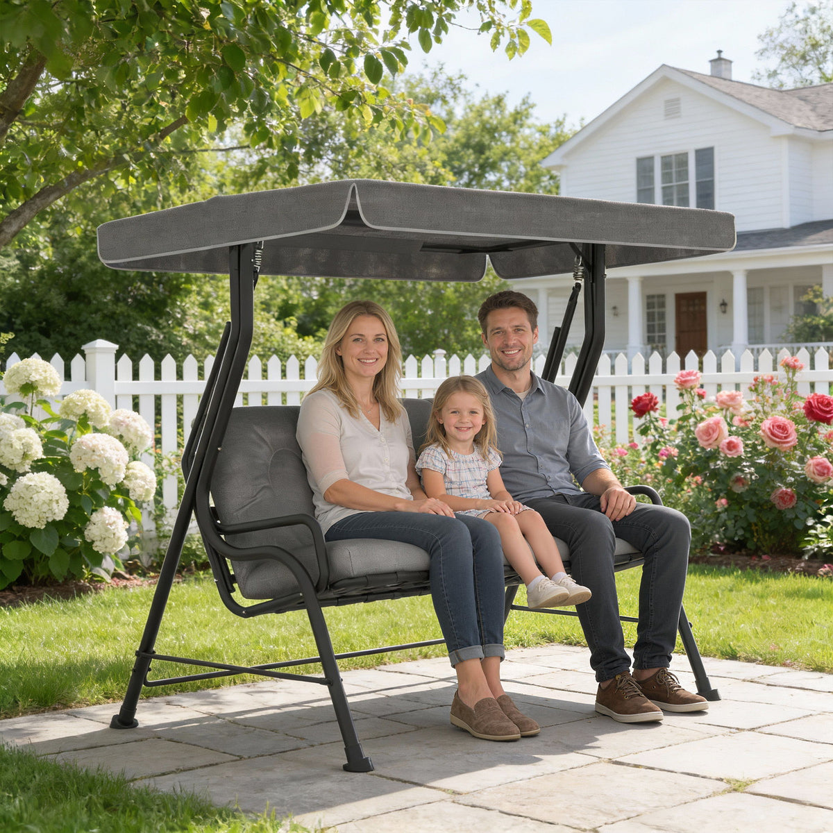 3-Person Patio Swing Chair with Canopy 3 Seater Porch Swing for Garden, Backyard, Poolside, Light Grey