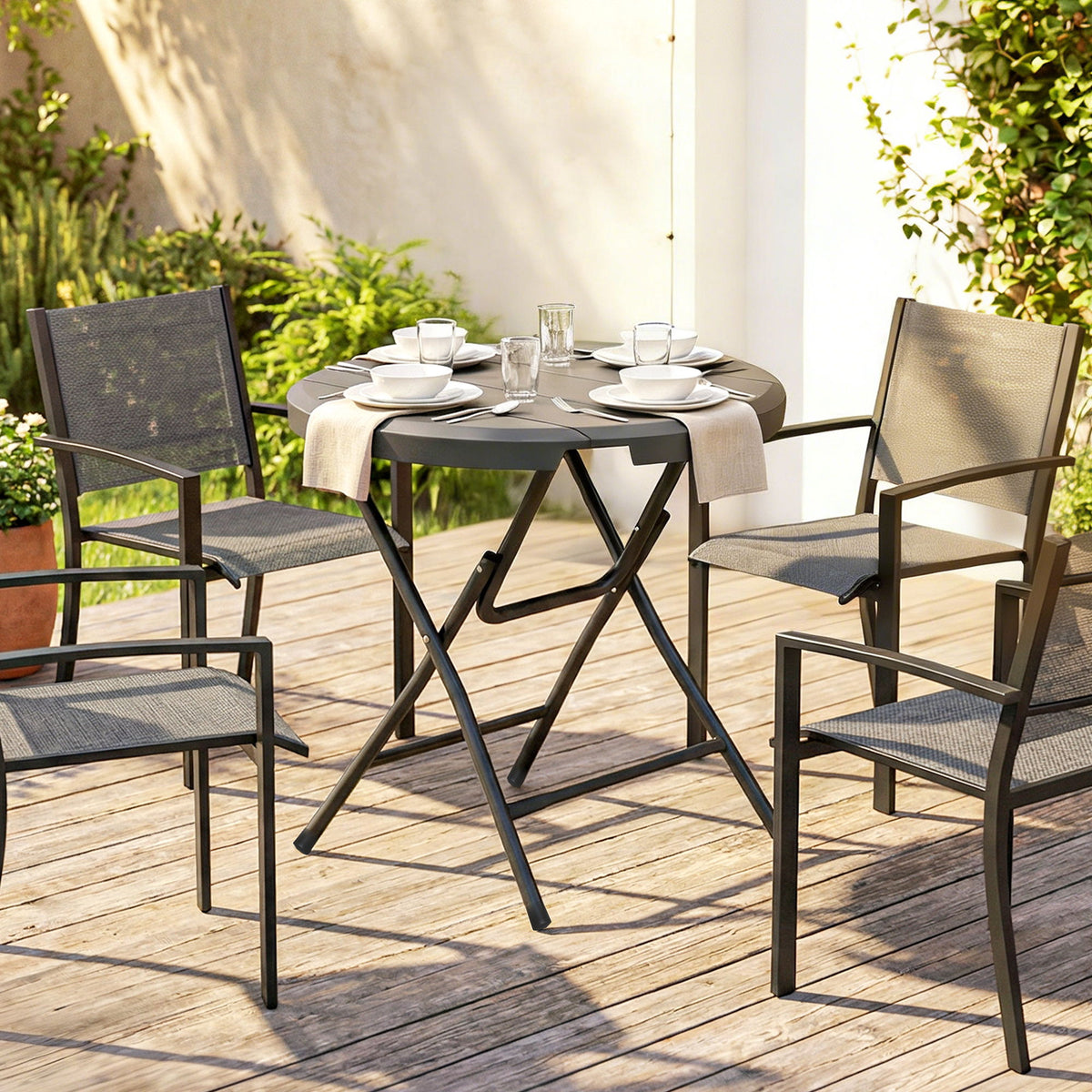 Foldable Round Patio Table for 4, Outdoor Dining Table with HDPE Tabletop and Steel Frame, Dark Grey