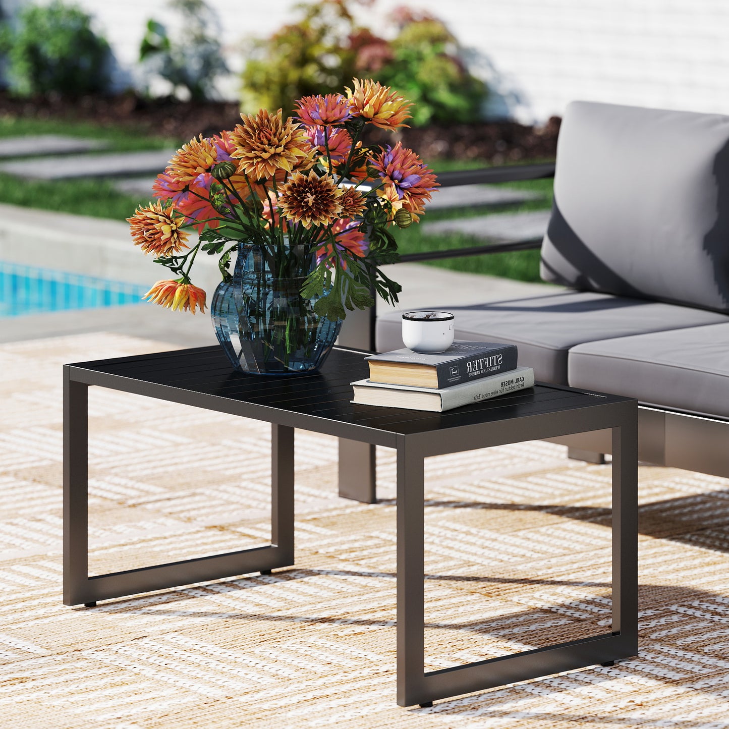 12.4" Steel Patio End Table, Round Hollow Drum Side Table, Accent Table for Indoor and Outdoor, Khaki