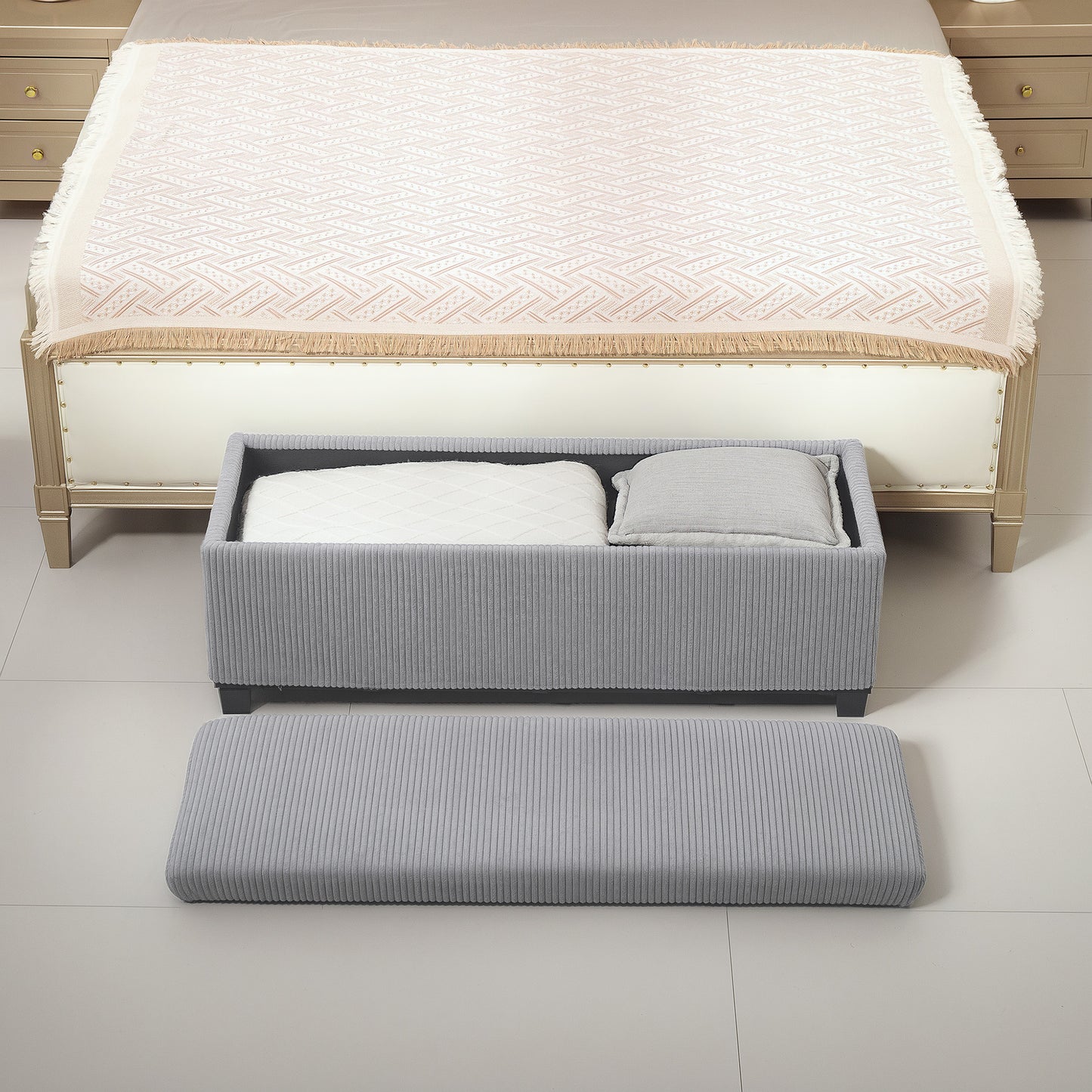 44 Inches Ottoman with Storage, Lid, Legs, Corduroy End of Bed Bench for Living Room, Bedroom, Entryway, Light Grey