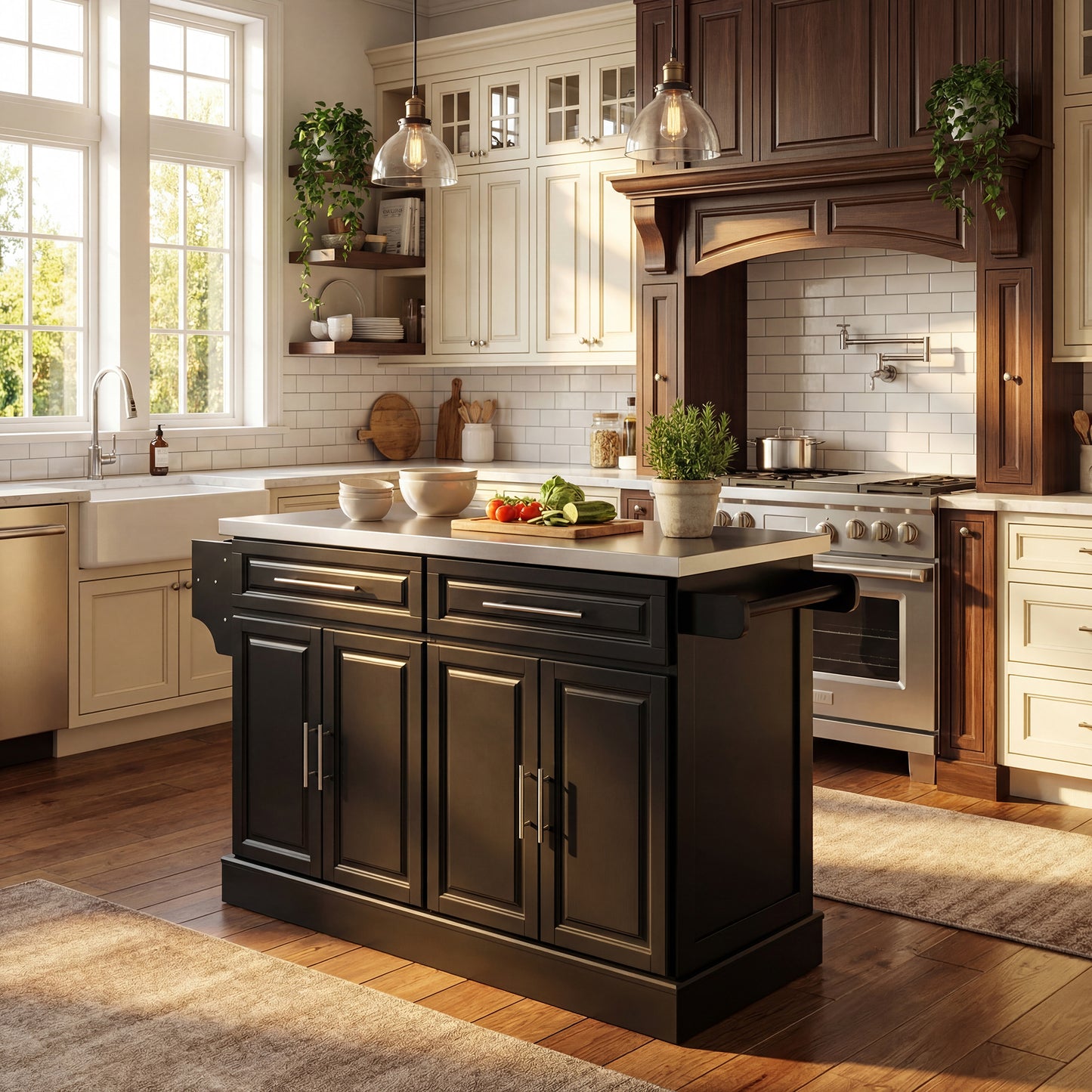 Rolling Kitchen Island with Storage and Stainless Steel Top, Kitchen Trolley with Drawers, Cabinets, Towel Rack