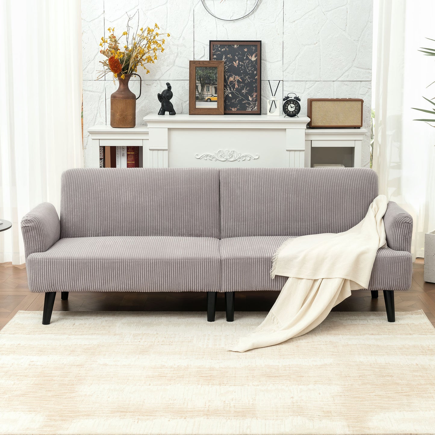 Modern Couch, 3 Seater Sofa, Corduroy Loveseat with Rubberwood Legs and Extra-Wide Seat, Light Grey