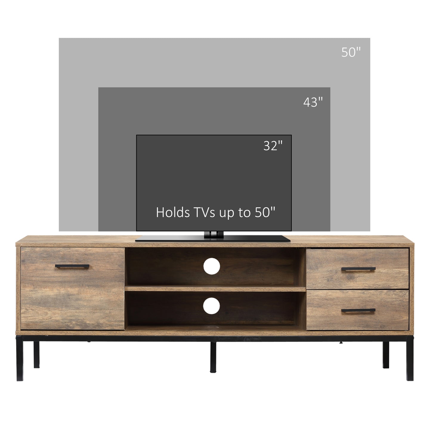TV Stand for TV up to 50 Inches, TV Cabinet with Door, Open Storage and Drawers, TV Table with Steel Legs, Coffee