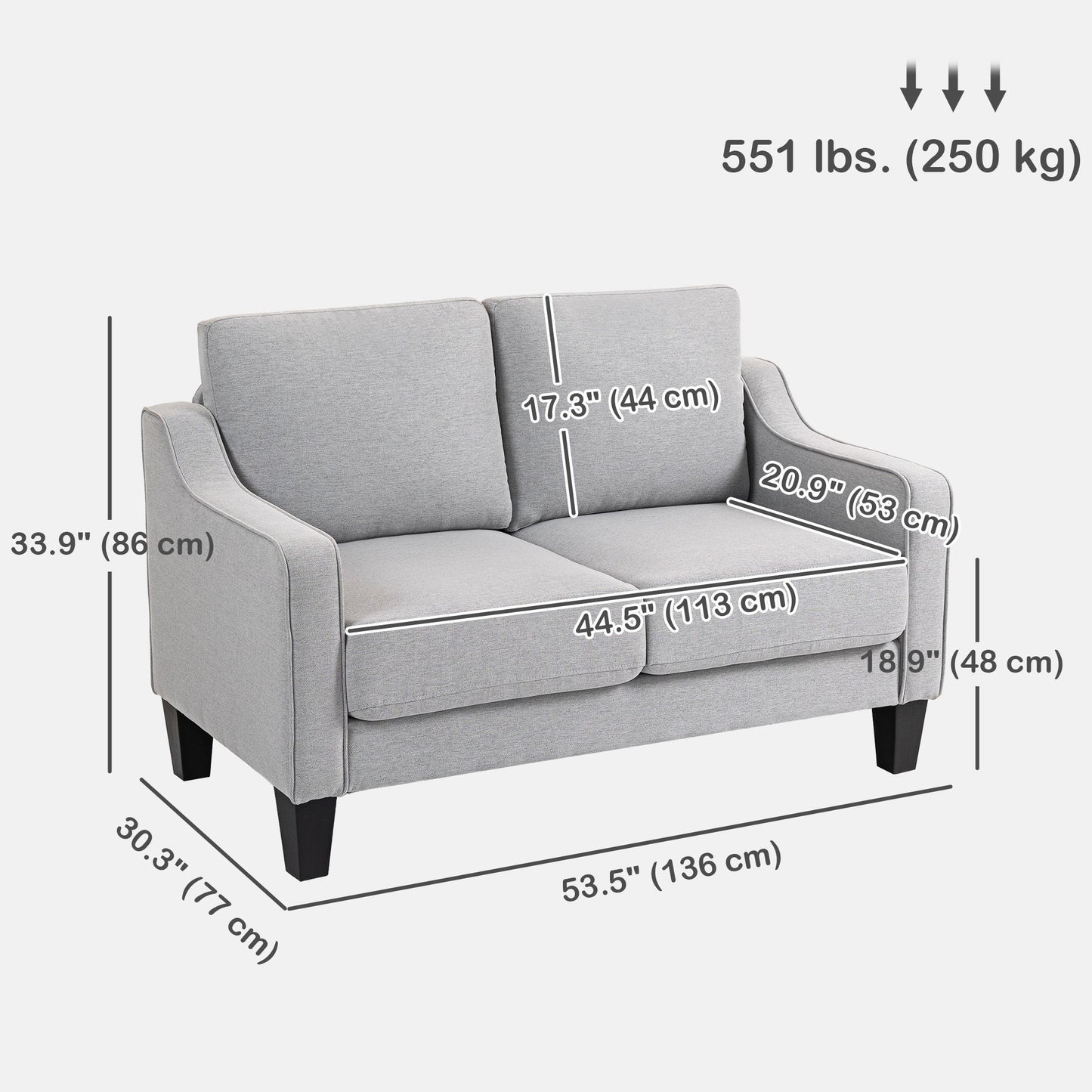 Loveseat Sofa, Modern Couch with Pocket Spring, Linen Upholstered, Thick Padded, Light Grey