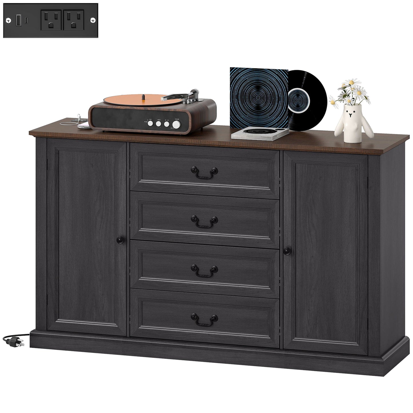 Farmhouse Sideboard with Charging Station, 58" Buffet Cabinet, Kitchen Storage Cabinet with 4 Drawers, 2 Doors, Black
