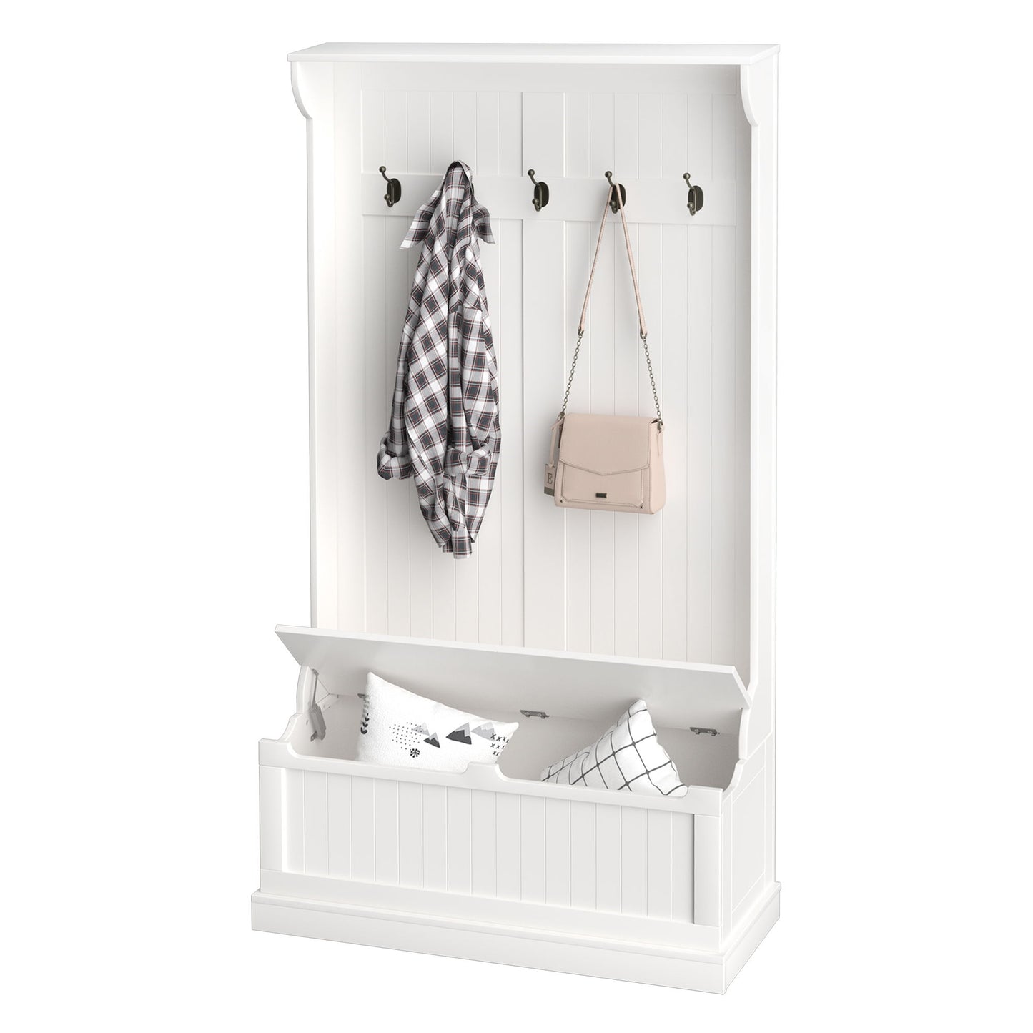 3-In-1 Hall Tree w/ Coat Rack, Shoe Storage and Bench Seat, Entryway Bench w/ 4 Hooks for Hallway, Living Room, White