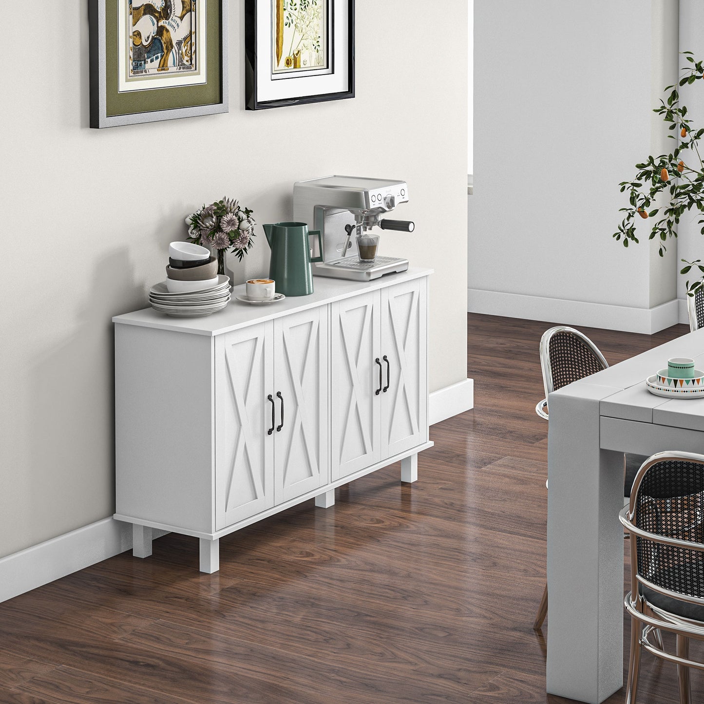 Kitchen Sideboard Cabinet with 4 Barn Doors and 2 Adjustable Shelves, Buffet Table for Living Room, Hallway, White