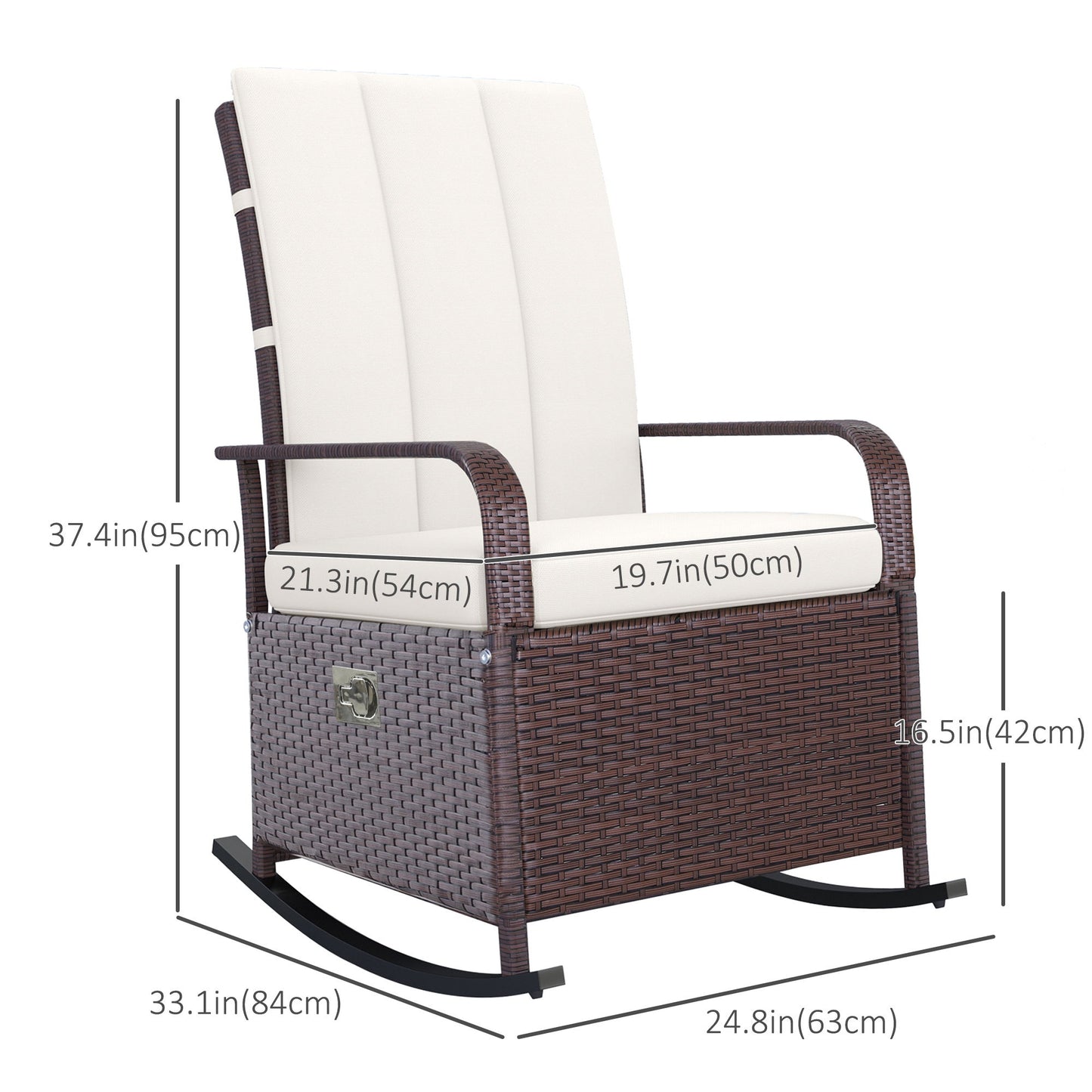 Outdoor Wicker Rocking Chair with Cushion, Patio PE Rattan Recliner Chair with Adjustable Footrest, Armrests, Cream White
