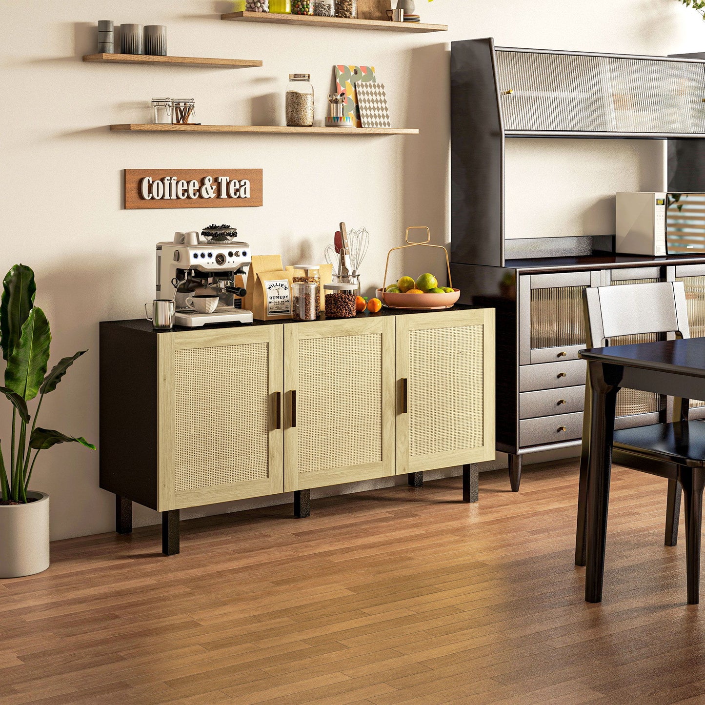 Boho Sideboard Buffet Cabinet with 3 Rattan Doors, Kitchen Cabinet with Adjustable Shelves, Black and Natural