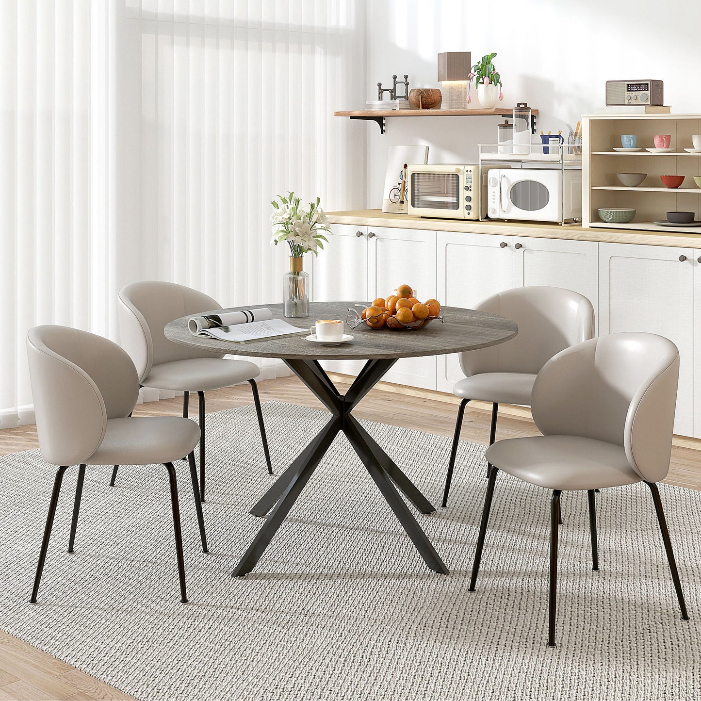 47" Round Kitchen Table for 4, Industrial Dining Table with Steel Legs for Dining Room, Grey Wood Grain and Black