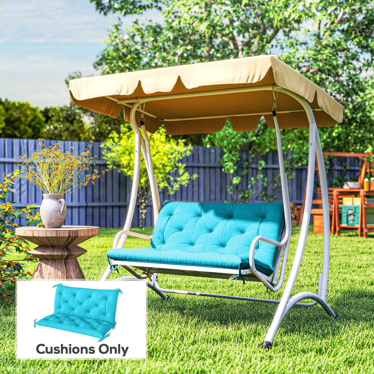 Garden Bench Cushion with Backrest, Non-Slip 2 Seater Thick Pad with Ties, Turquoise