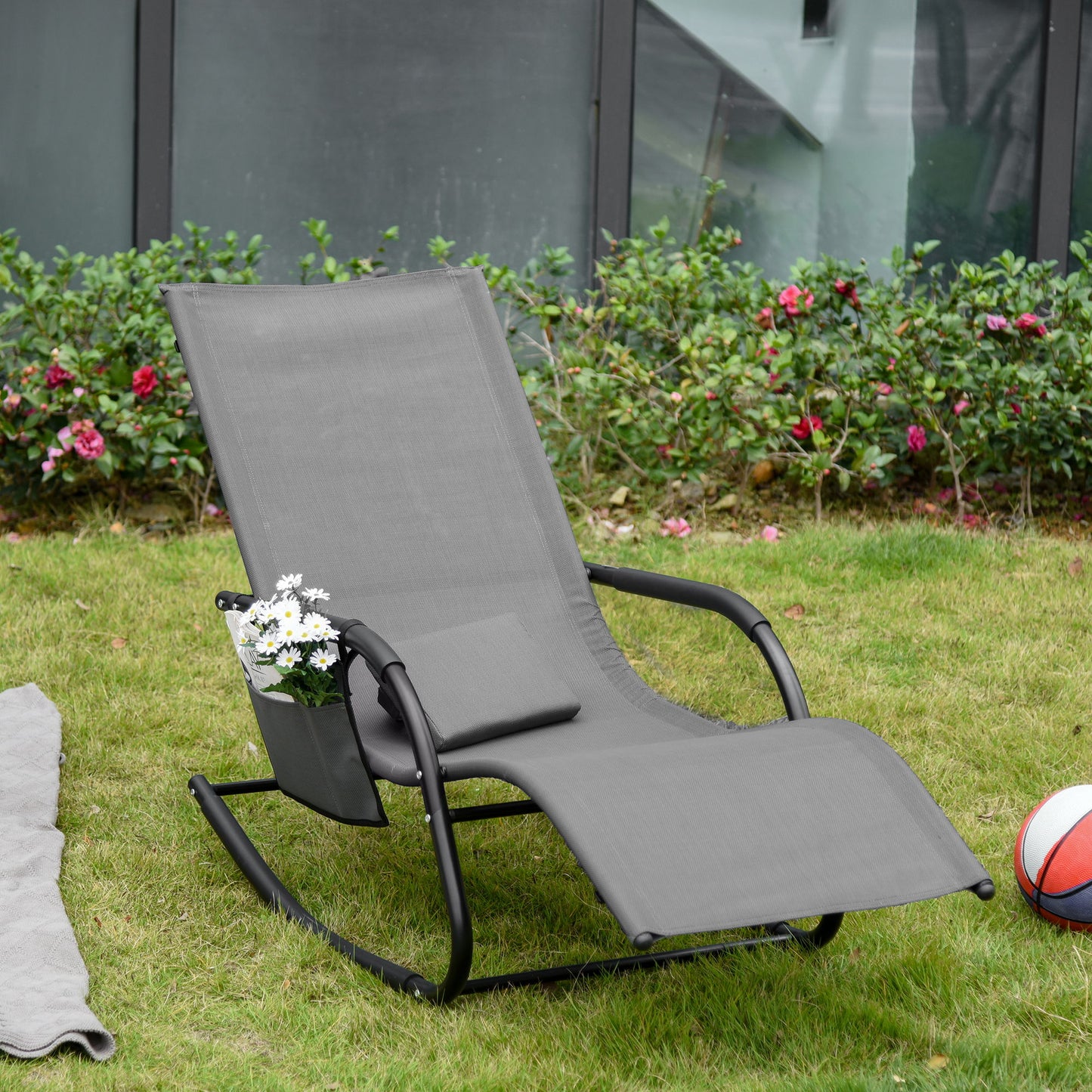 Patio Rocking Chair with Mesh Fabric, Outdoor Rocking Sling Sun Lounger with Removable Headrest and Side Pocket for Garden, Deck, Lawn, Grey