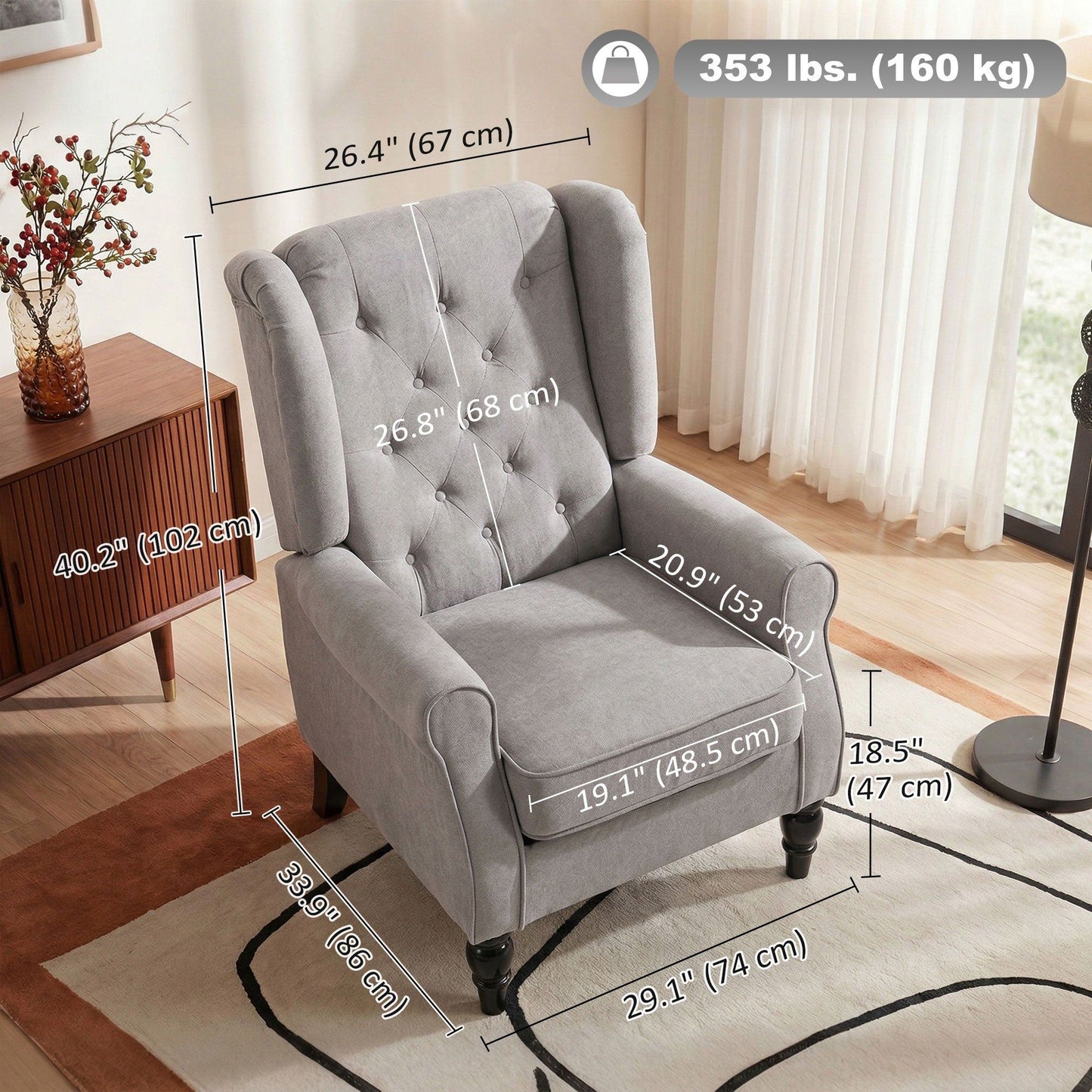 Tufted Wingback Accent Chair with Wood Legs - Grey