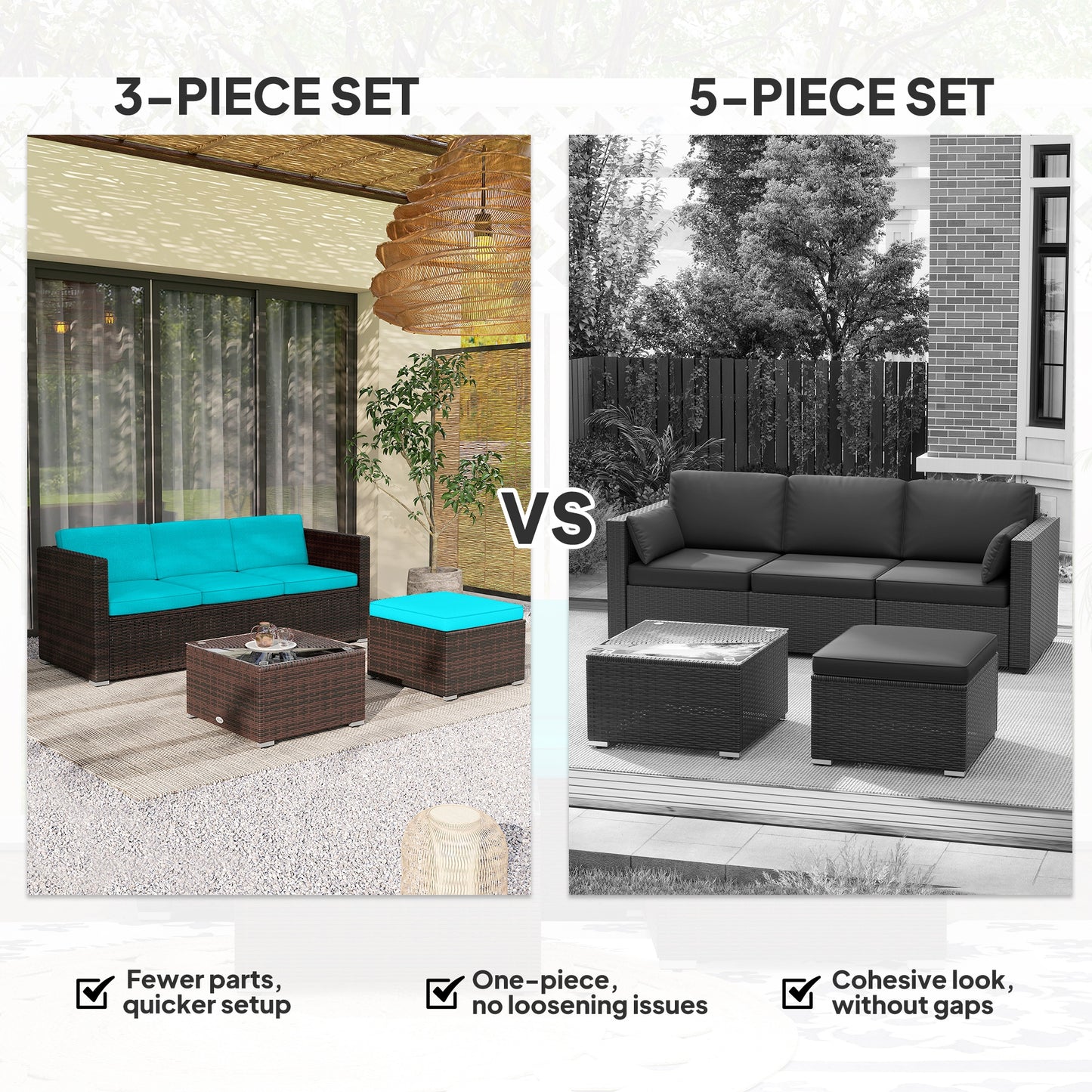 3 Pieces Patio Furniture Set with Cushions, Outdoor PE Rattan Wicker Conversation Corner Sofa Set, Light Green