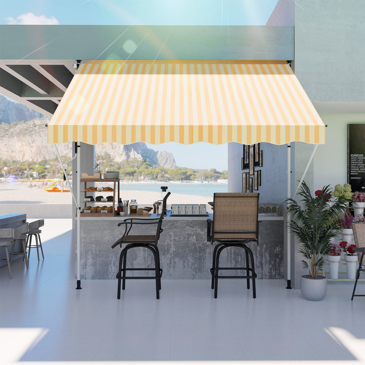 10x5ft Manual Retractable Awning, Patio Sun Shade Canopy Shelter with 5.6-9.2ft Support Pole, Water Resistant UV Protector, for Window, Door, Porch, Deck, Yellow