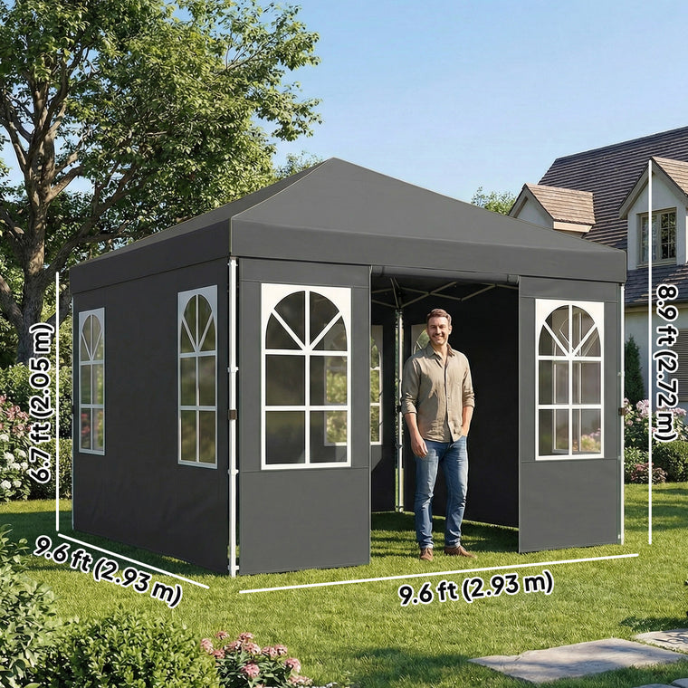 9.6' x 9.6' Dark Grey Pop-Up Canopy Tent with 4 Sidewalls