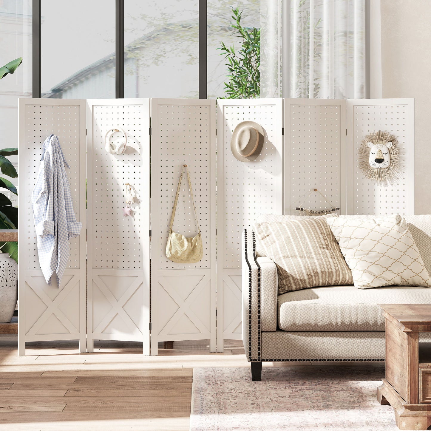56.9" 6 Panel Wooden Room Divider with Pegboard Display, Folding Privacy Screen for Home Office, White