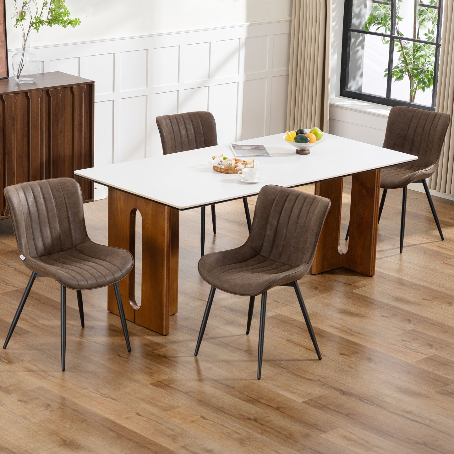 Dining Chairs Set of 4, PU Leather Upholstered Kitchen Chairs with Backrest and Steel Legs for Dining Room, Brown