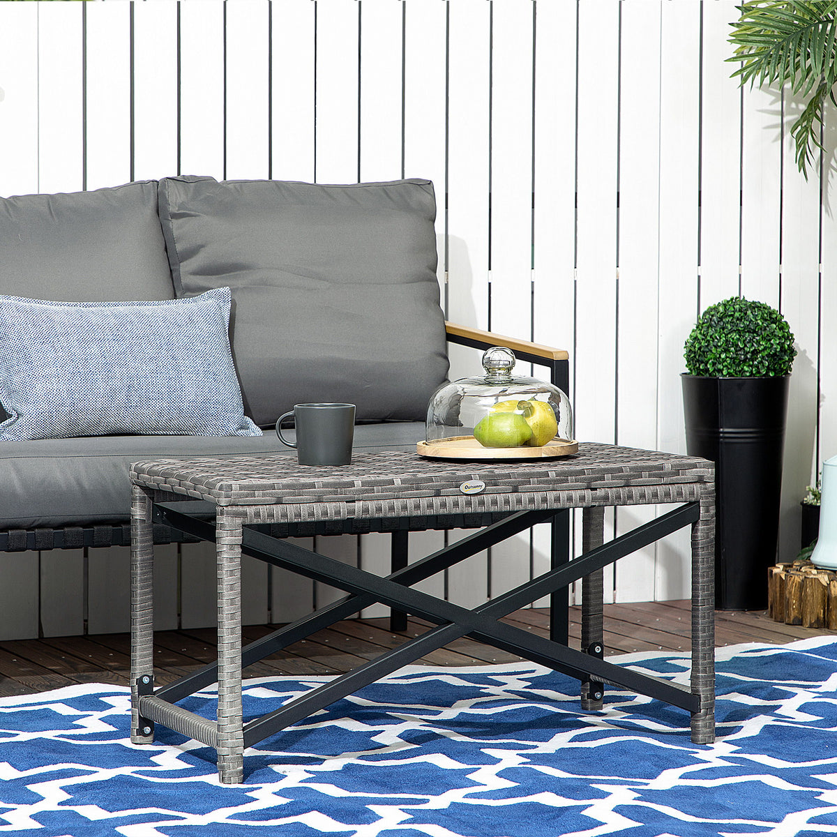 Patio Wicker End Table, Outdoor PE Rattan Side Table, with Plastic Board Under the Full Woven Table Top for Patio, Garden, Balcony, Mixed Gray