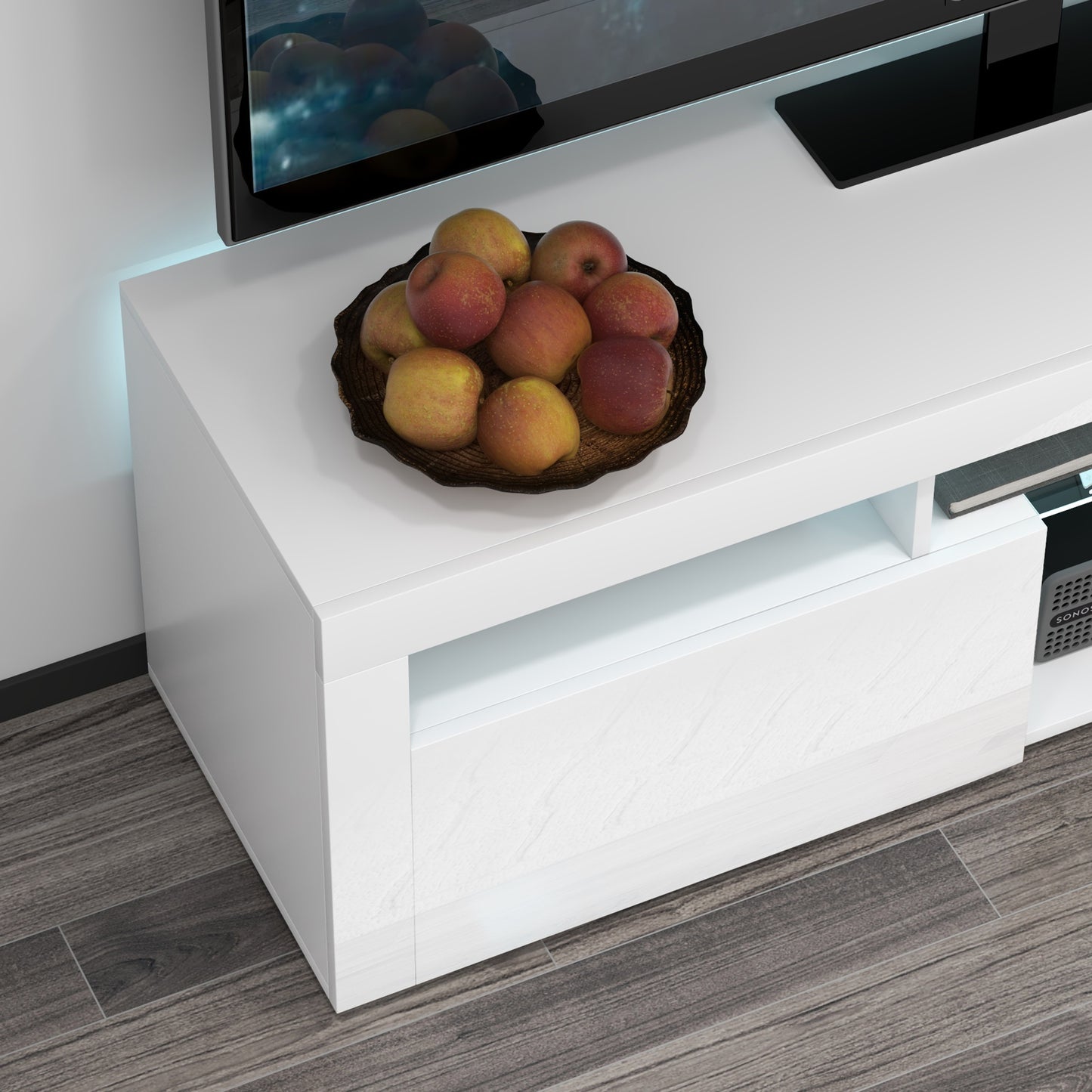 Modern TV Stand with Storage and LED Lights for TVs up to 55", TV Cabinet with Open Compartments, High Gloss White