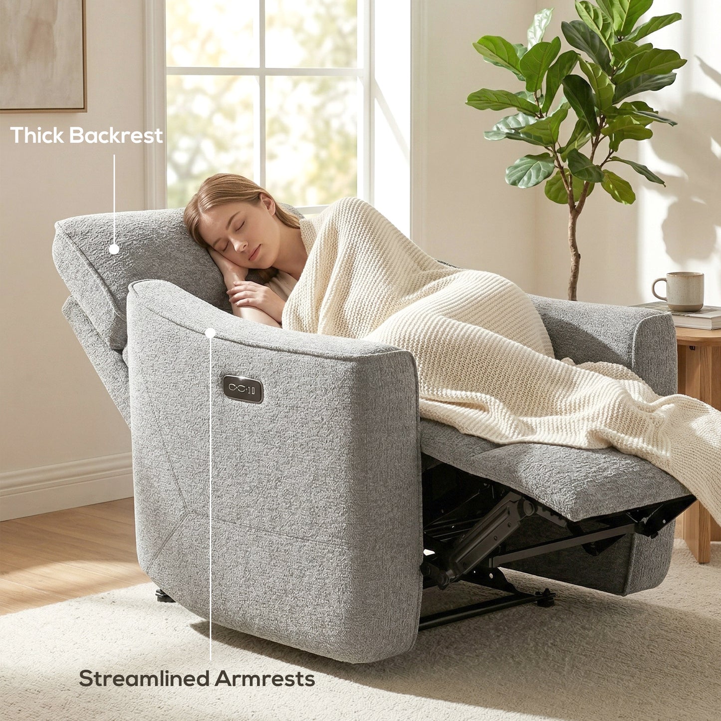 Power Recliner Chair, Chenille Upholstered Recliner Chair with USB Ports, Footrest, Grey