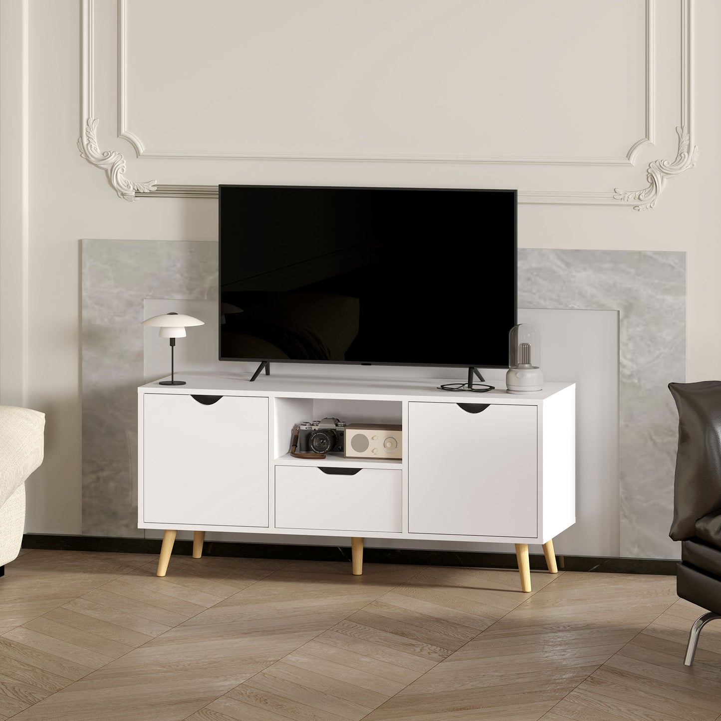 TV Stand with Storage for up to 50" TV, Modern TV Table with Open Shelf, Drawer and 2 Cabinets, White