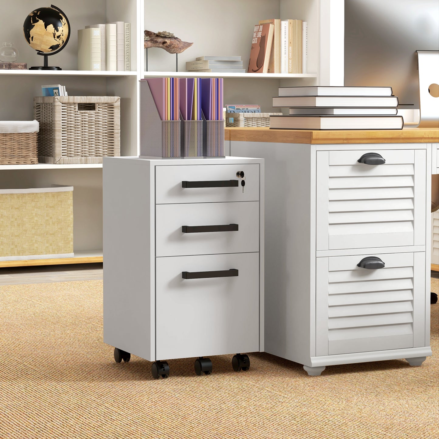 Lockable Vertical File Cabinet with Lock, 3 Drawer Filing Cabinet with Hanging Bars for Letter and A4 Size, White