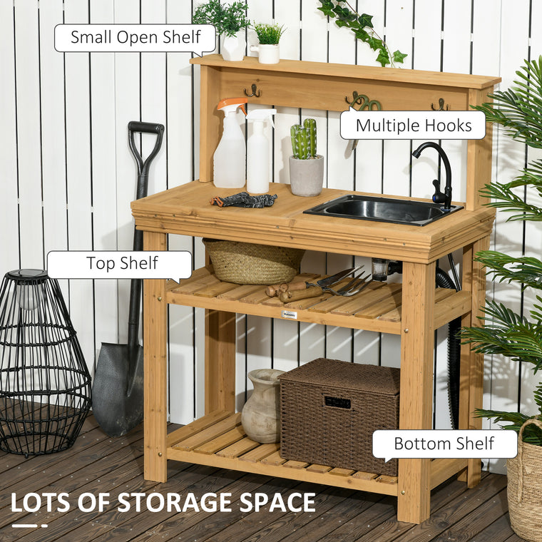 Yellow Wood Potting Bench Table with Faucet & Storage Shelves