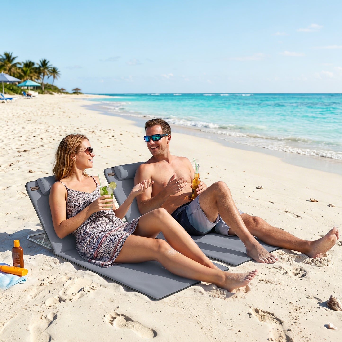 2 Pieces Beach Lounge Chair, Outdoor Folding Chaise Lounge Set w/ Pillow for Sunbath, Snap, Beige