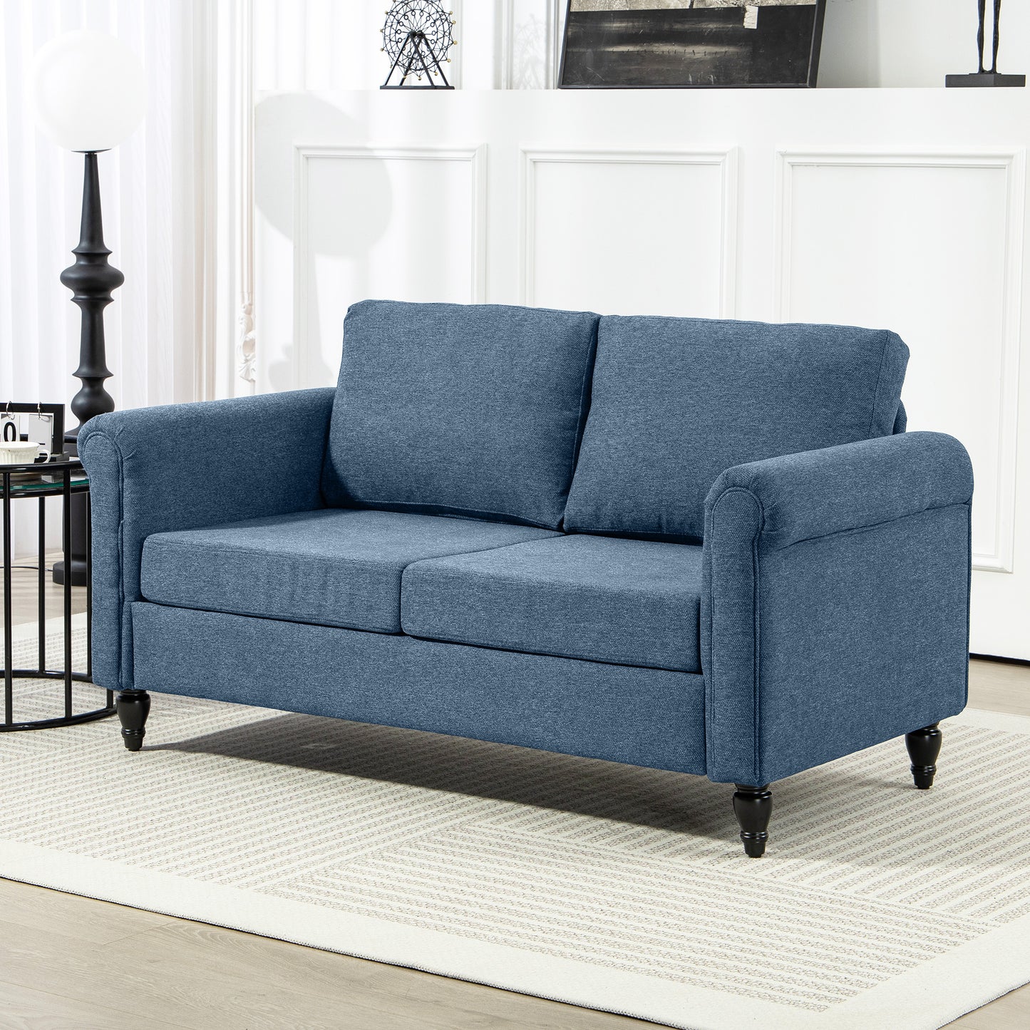 Vintage Loveseat, Upholstered Love Seat Furniture, Fabric 2 Seater Sofa with Rolled Arms, Rubber Wood Legs, Dark Blue