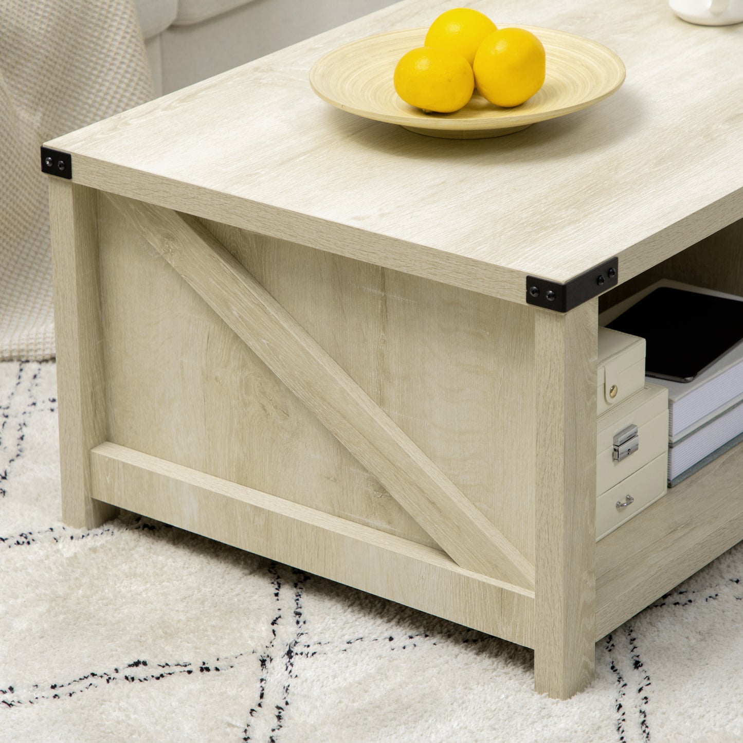 Industrial Coffee Table Side End Table with Drawer, Open Storage Shelf, Modern Farmhouse Furniture, for Living Room, Dining Room, Office, White Oak