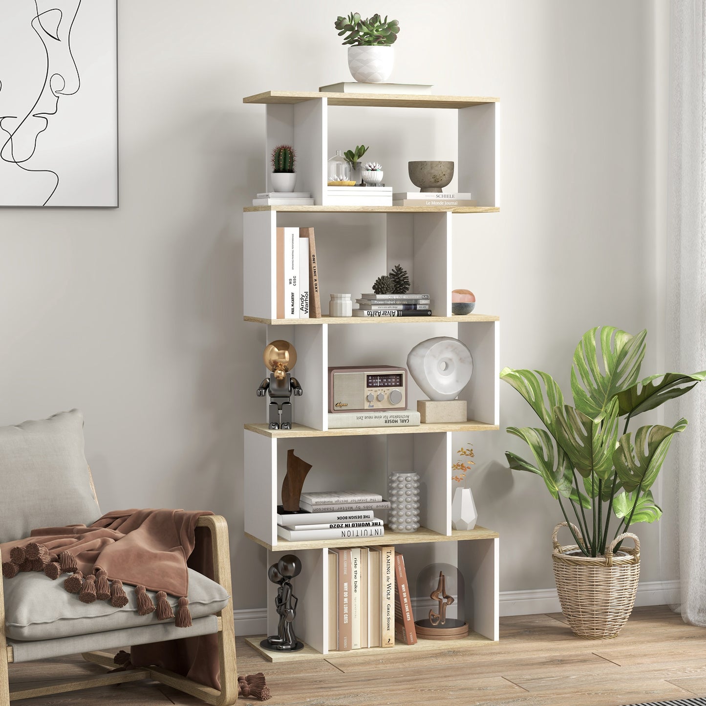 5-Tier Bookshelf, Geometric S-Shaped Bookcase, Tall Narrow Display Shelf for Living Room, Study Room, White