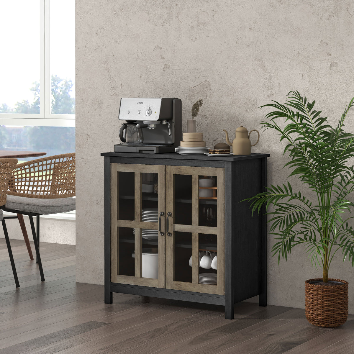 Kitchen Sideboard, Glass Door Buffet Cabinet, Accent Storage Cabinet with 2 Glass Doors and Adjustable Shelf for Dining Room, Living Room, Black Wood Grain