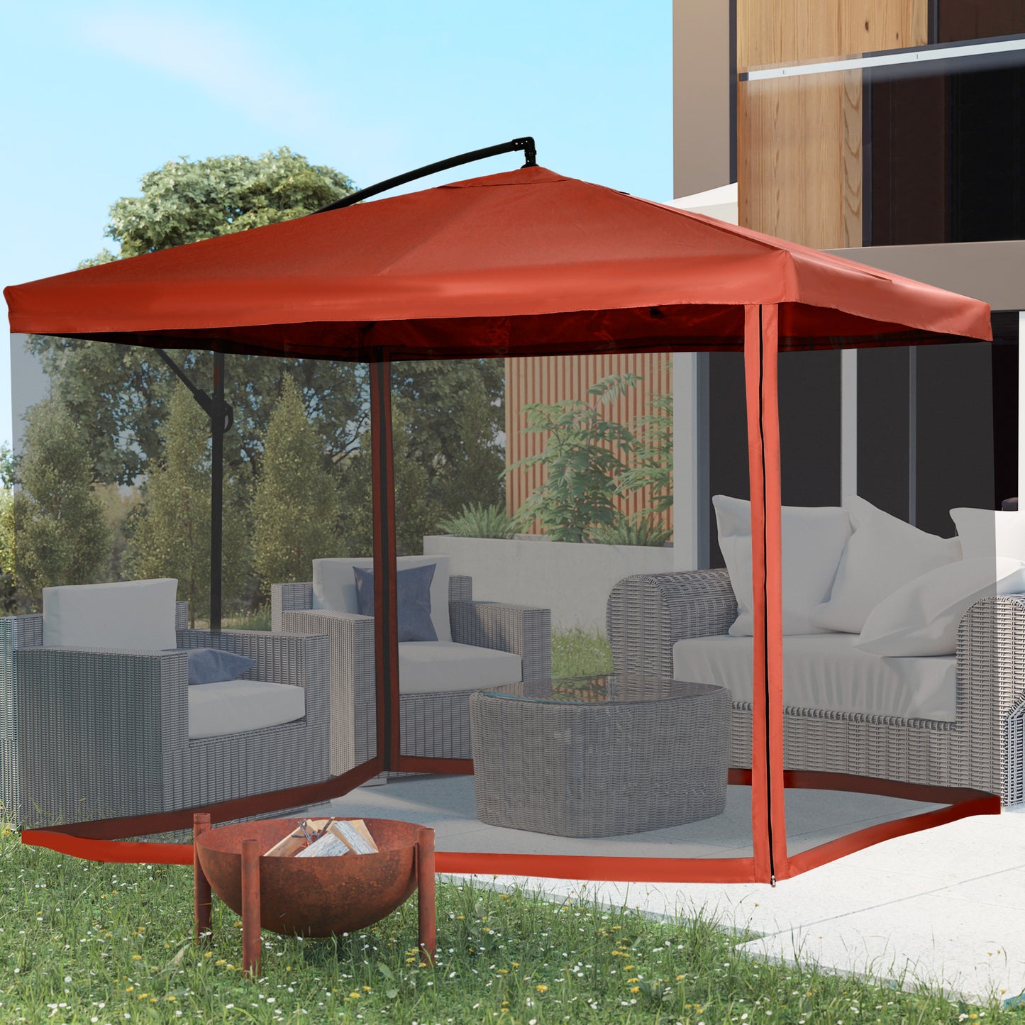 Offset Patio Umbrella with Net and Umbrella Base, Adjustable Cantilever Canopy with Cross Base, Weight Plates and 8 Ribs for Backyard, Poolside, Garden, Wine Red