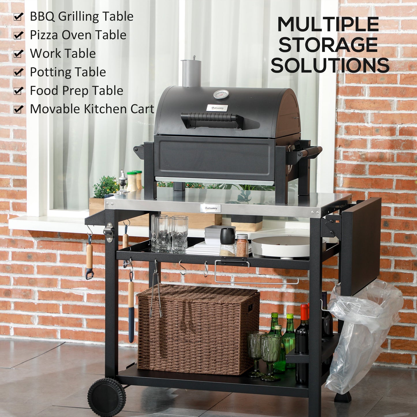 3-Shelf Grill Cart with Foldable Side Table & Stainless Steel Top