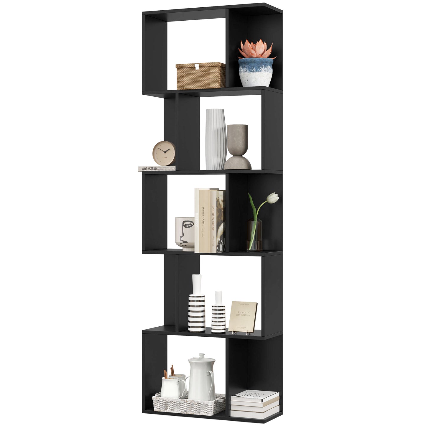 5-Tier Geometric Bookshelf, S Shaped Bookcase, Modern Freestanding Display Shelf Unit for Home Office, Black