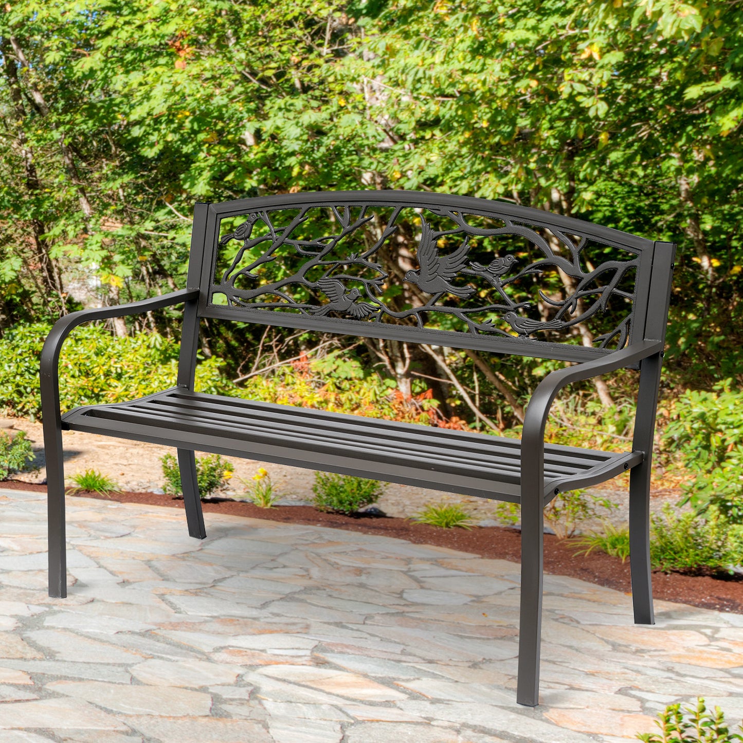 50" Garden Bench Outdoor Loveseat with Vintage Bird Pattern Cast Metal