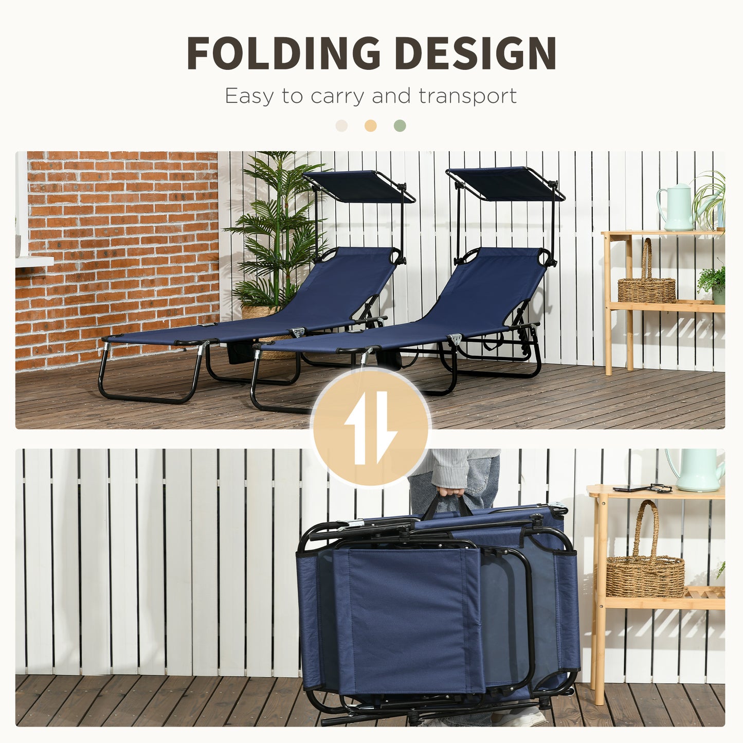 2 Piece Folding Outdoor Chaise Lounges, Pool Tanning Chairs with Reclining Back, Sunshade for Beach, Patio, Dark Grey