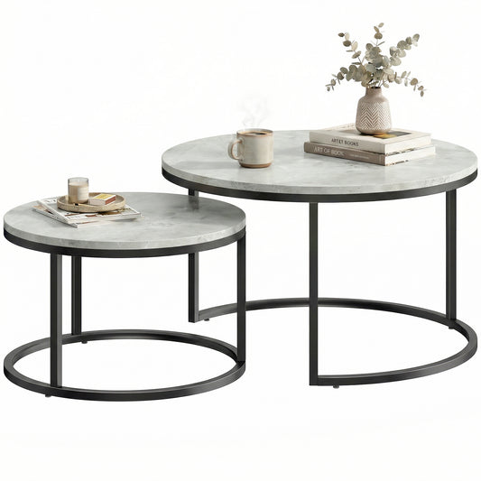 Nesting Coffee Table Set of 2 with Metal Base - Marble Grey